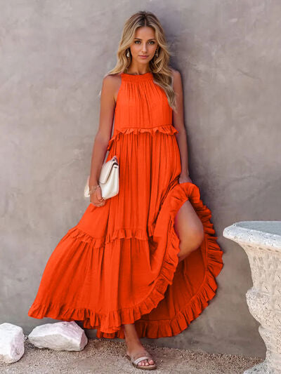 Ruffled Sleeveless Tiered Maxi Dress with Pockets - Jsopretty.com