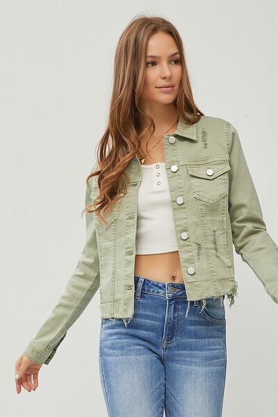 RISEN Full Size Raw Hem Button Up Cropped Denim Jacket Plus Size - Jsopretty.com