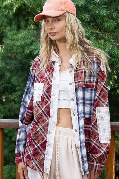 POL Patchwork Plaid Button Up Shirt - Jsopretty.com