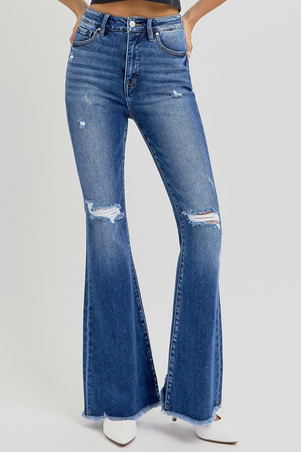 RISEN Full Size High Rise Distressed Raw Hem Flare Jeans - Jsopretty.com