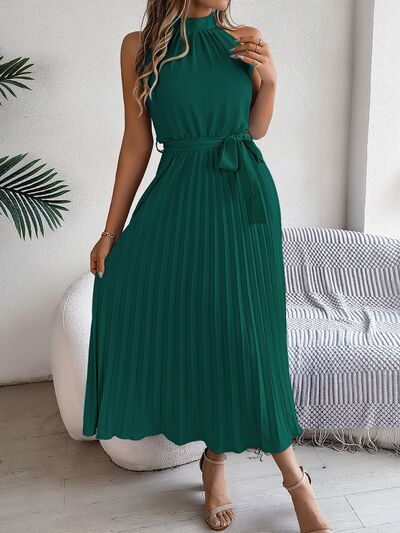 Grecian Neck Tie Waist Pleated Dress - Jsopretty.com