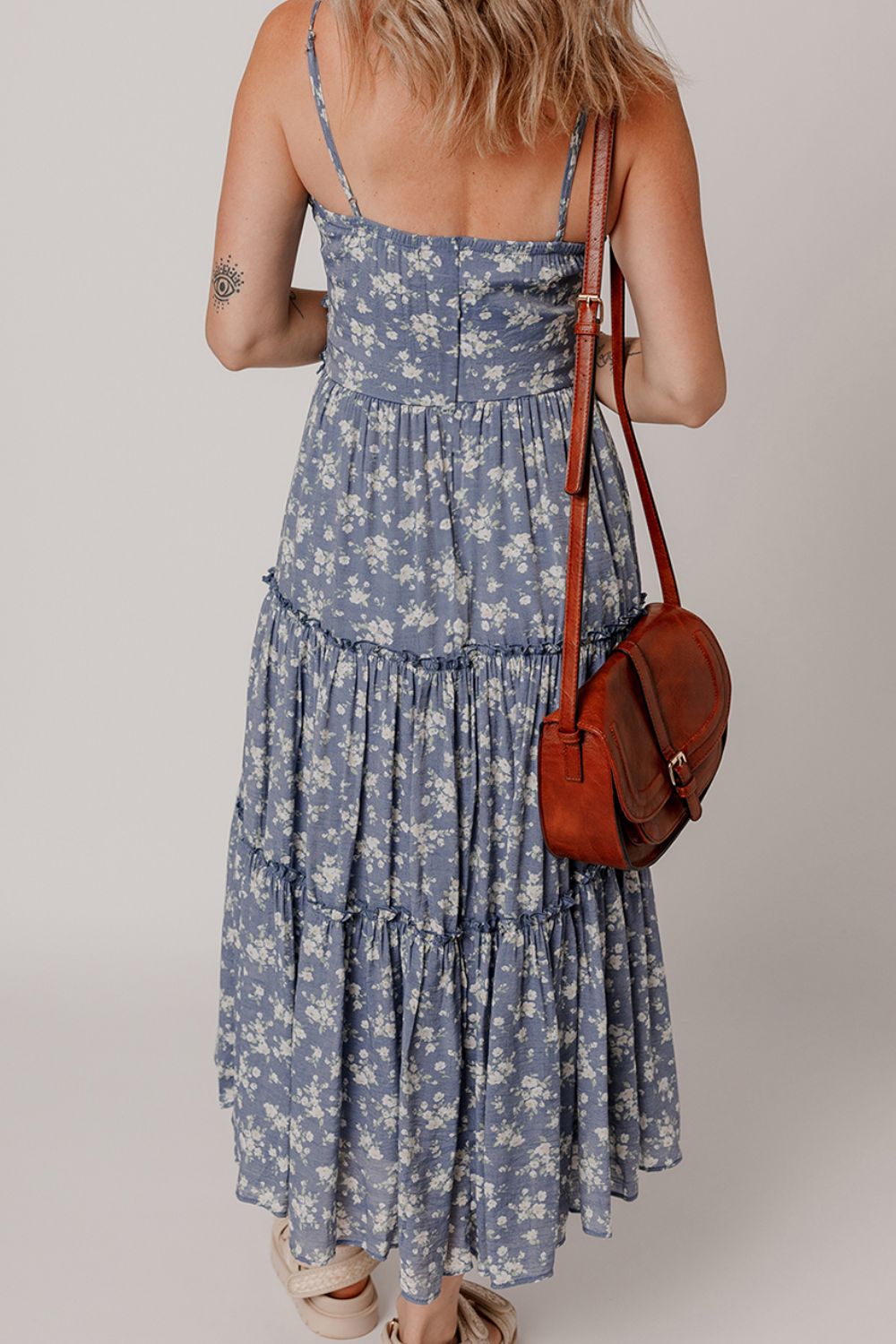 Floral Spaghetti Strap Frilled V Neck Tiered Midi Dress - Jsopretty.com