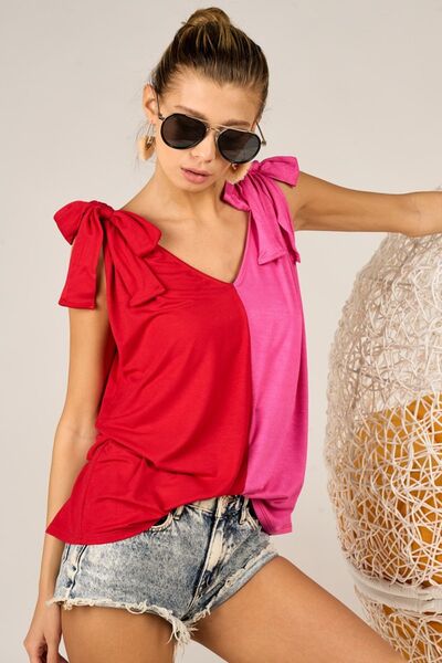 BiBi Shoulder Ribbon Tied Contrast Tank - Jsopretty.com