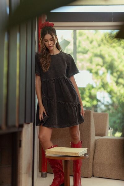 Annie Wear Mineral Washed Round Neck Short Sleeve Denim Dress - Jsopretty.com