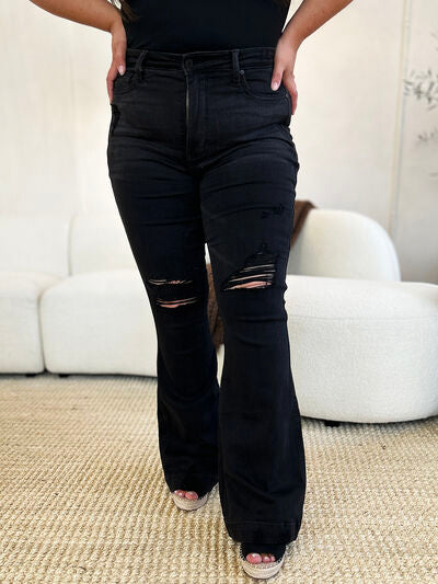 Judy Blue Full Size High Waist Distressed Flare Jeans - Jsopretty.com