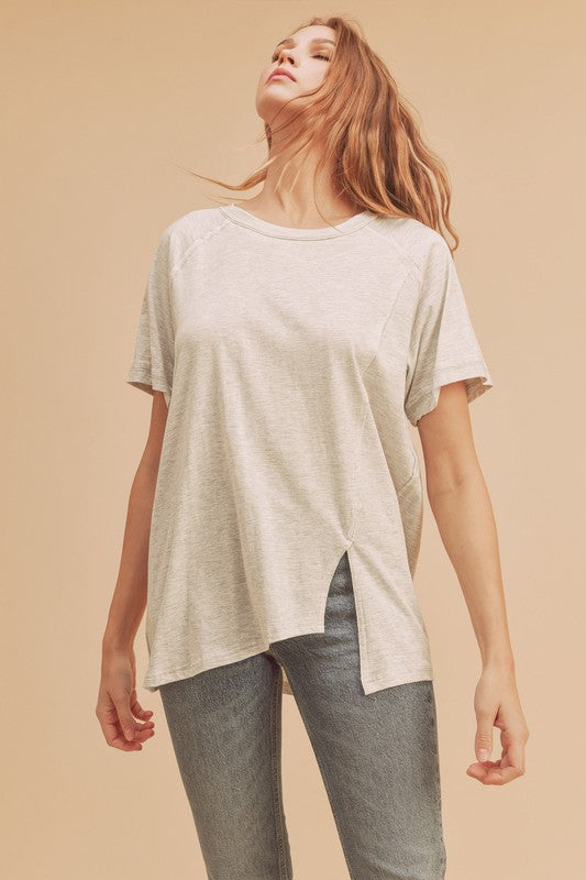 Aemi + Co Asymmetrical Front Slit Round Neck Raglan Sleeve T-Shirt - Jsopretty.com