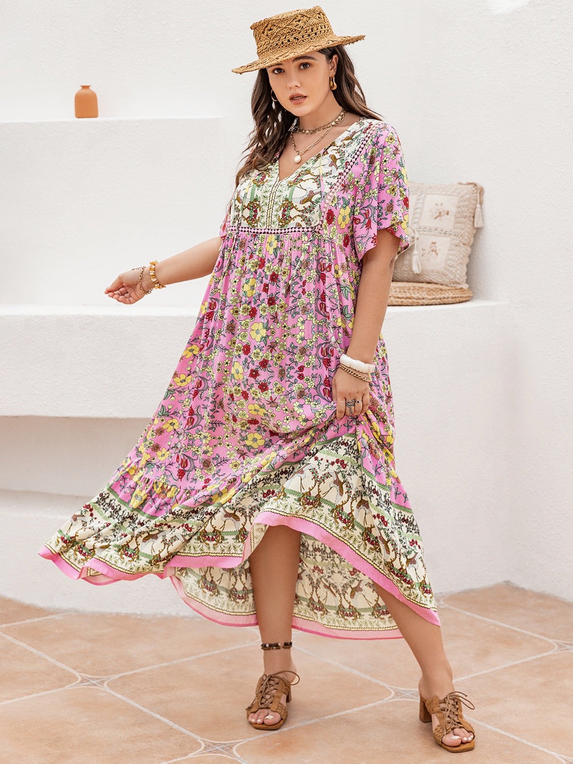 Plus Size Floral Tie Neck Flutter Sleeve Maxi Dress - Jsopretty.com