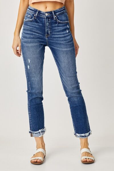 Risen Full Size High-Rise Frayed Cuffed Straight Jeans - Jsopretty.com