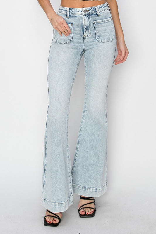 Risen Full Size High Rise Front Patch Pocket Flare Jeans - Jsopretty.com