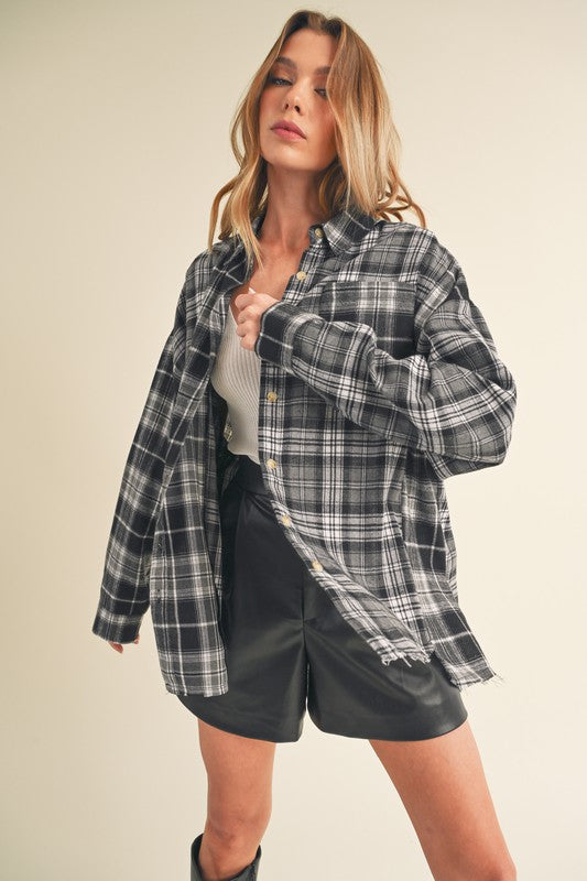 Aemi + Co Frayed Hem Plaid Button Up Flannel Shirt - Jsopretty.com