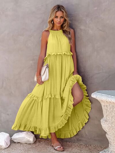 Ruffled Sleeveless Tiered Maxi Dress with Pockets - Jsopretty.com