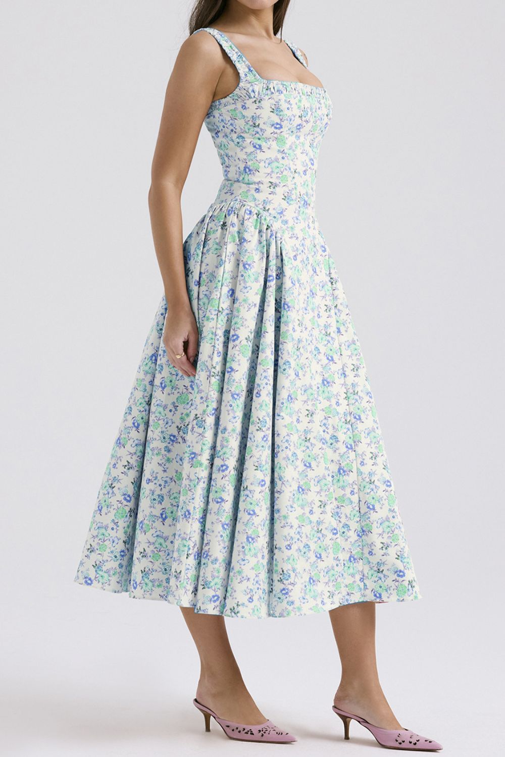 Floral Square Neck Wide Strap Midi Dress - Jsopretty.com