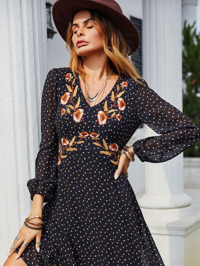 Embroidered V-Neck Long Sleeve Dress - Jsopretty.com