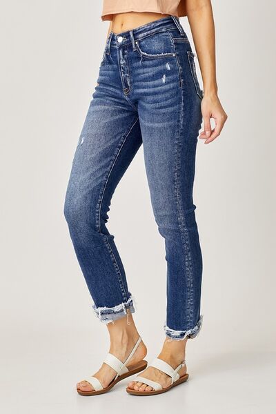 Risen Full Size High-Rise Frayed Cuffed Straight Jeans - Jsopretty.com