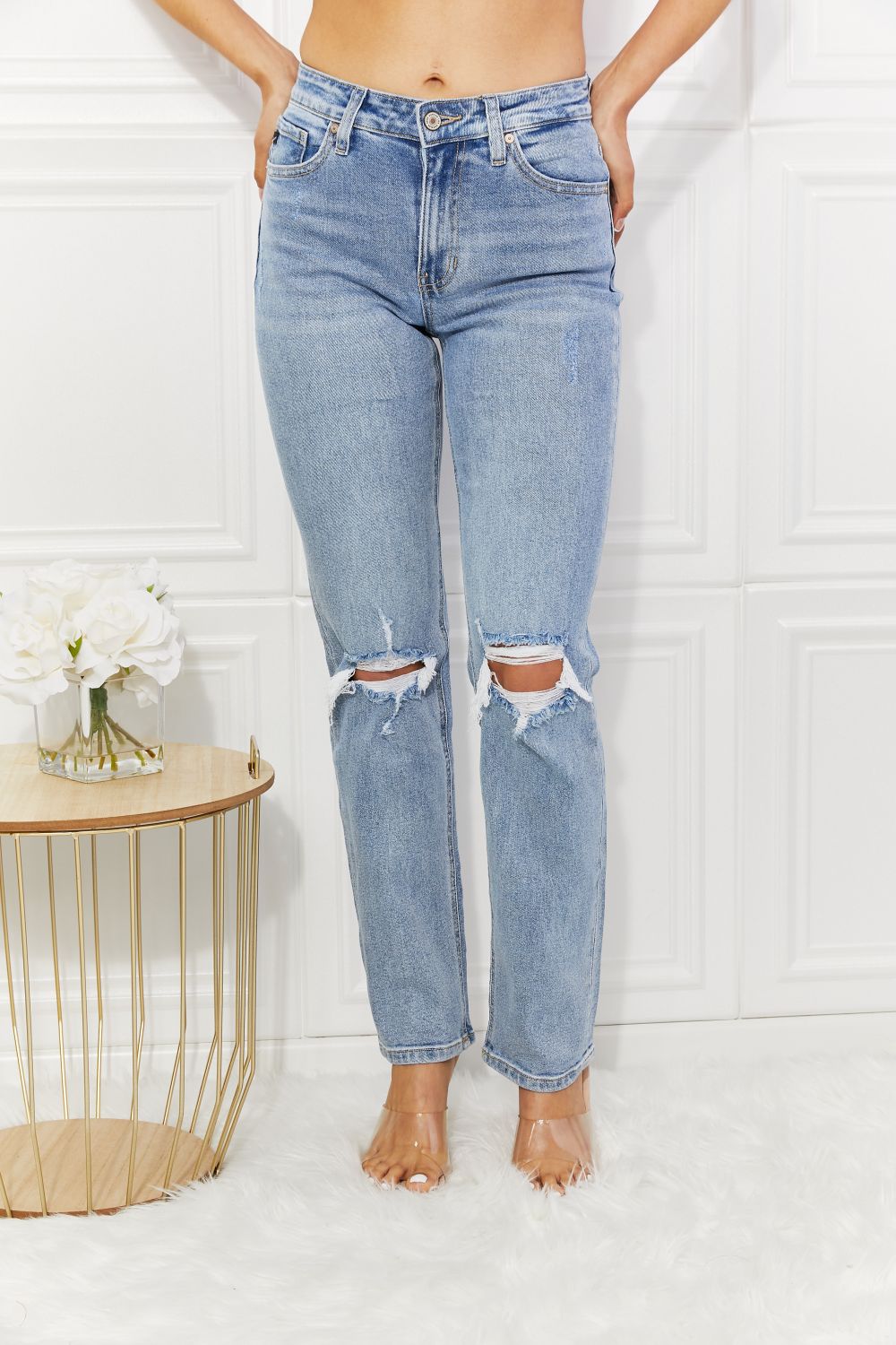 Kancan High Rise Distressed Slim Straight Jeans - Jsopretty.com