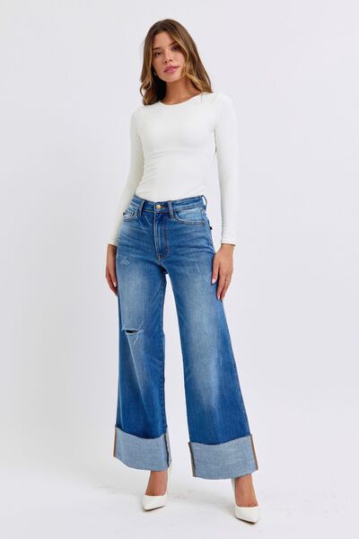 Judy Blue Full Size Distressed High Waist Wide Leg Jeans - Jsopretty.com