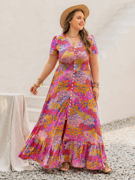 Plus Size Button Up Printed Short Sleeve Maxi Dress - Jsopretty.com