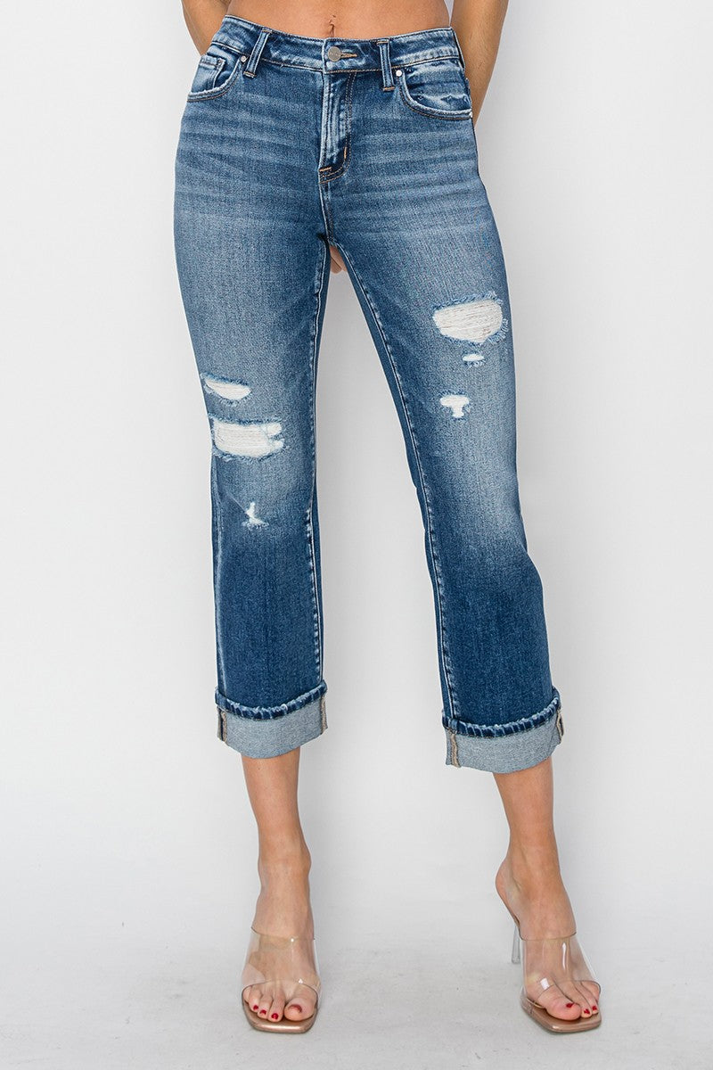 RISEN Full Size Cuffed Ankle Distressed Straight Jeans - Jsopretty.com