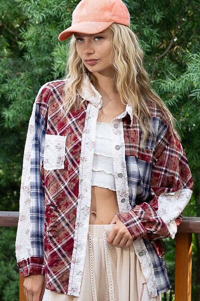 POL Patchwork Plaid Button Up Shirt - Jsopretty.com