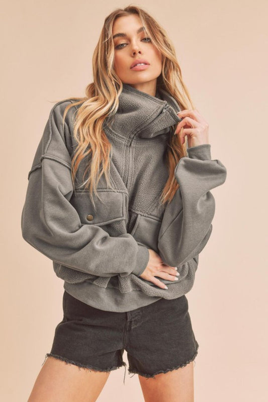 Aemi + Co Exposed Seam Half Zip Sweatshirt with Pockets - Jsopretty.com