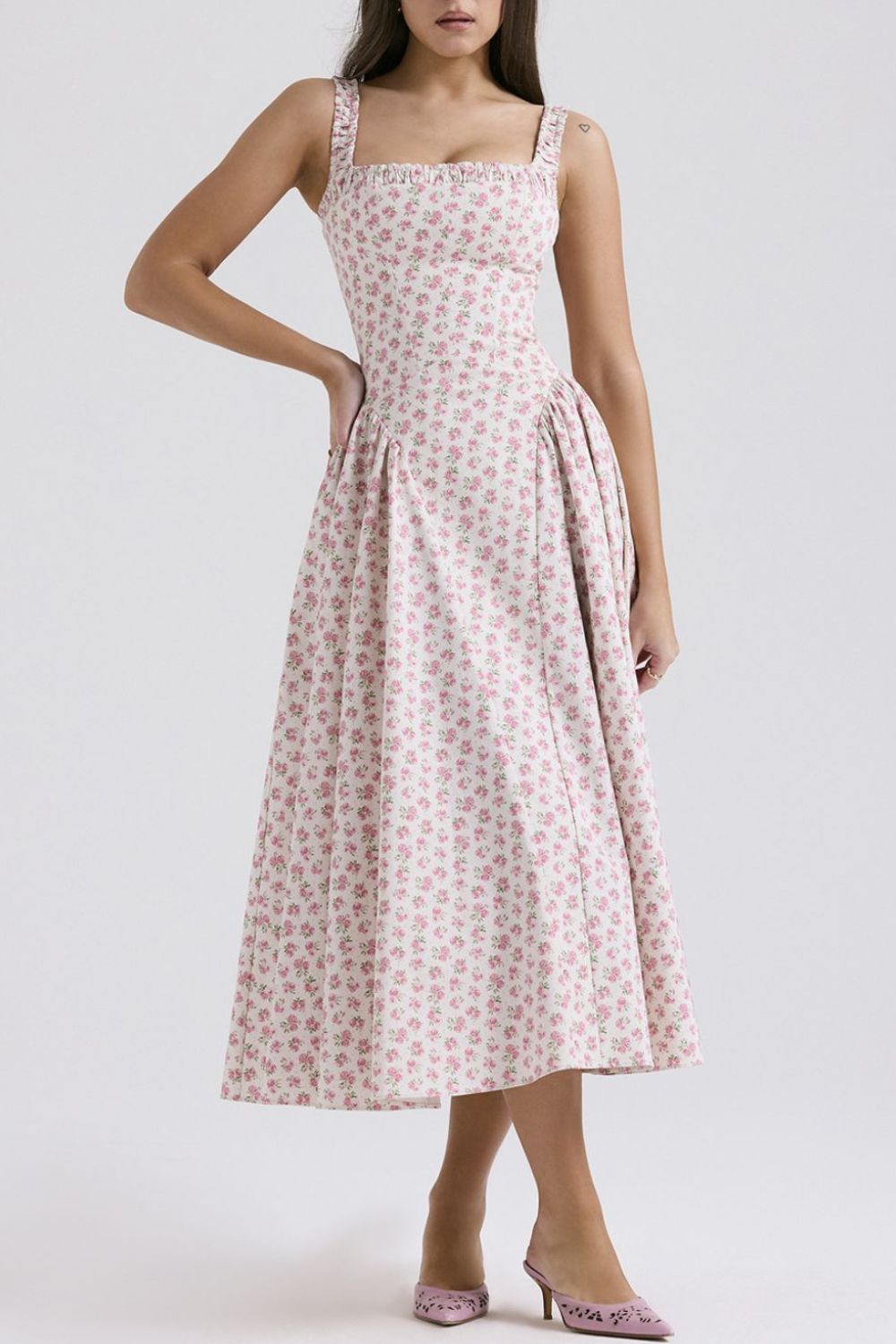 Floral Square Neck Wide Strap Midi Dress - Jsopretty.com