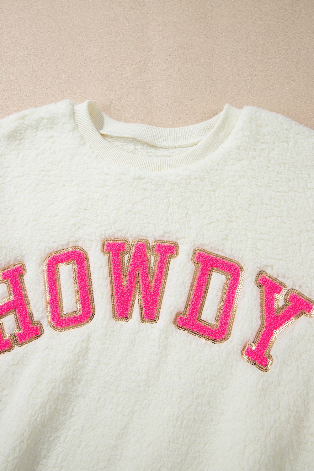 HOWDY Patched Round Neck Sherpa Sweatshirt - Jsopretty.com