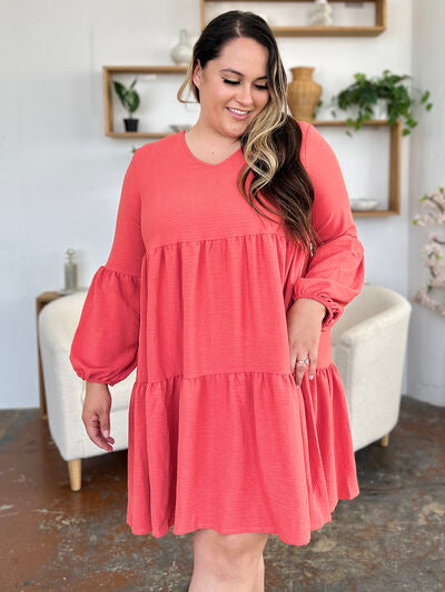 Double Take Full Size V-Neck Balloon Sleeve Tiered Dress with Pockets - Jsopretty.com