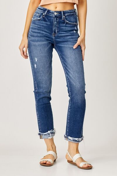 Risen Full Size High-Rise Frayed Cuffed Straight Jeans - Jsopretty.com