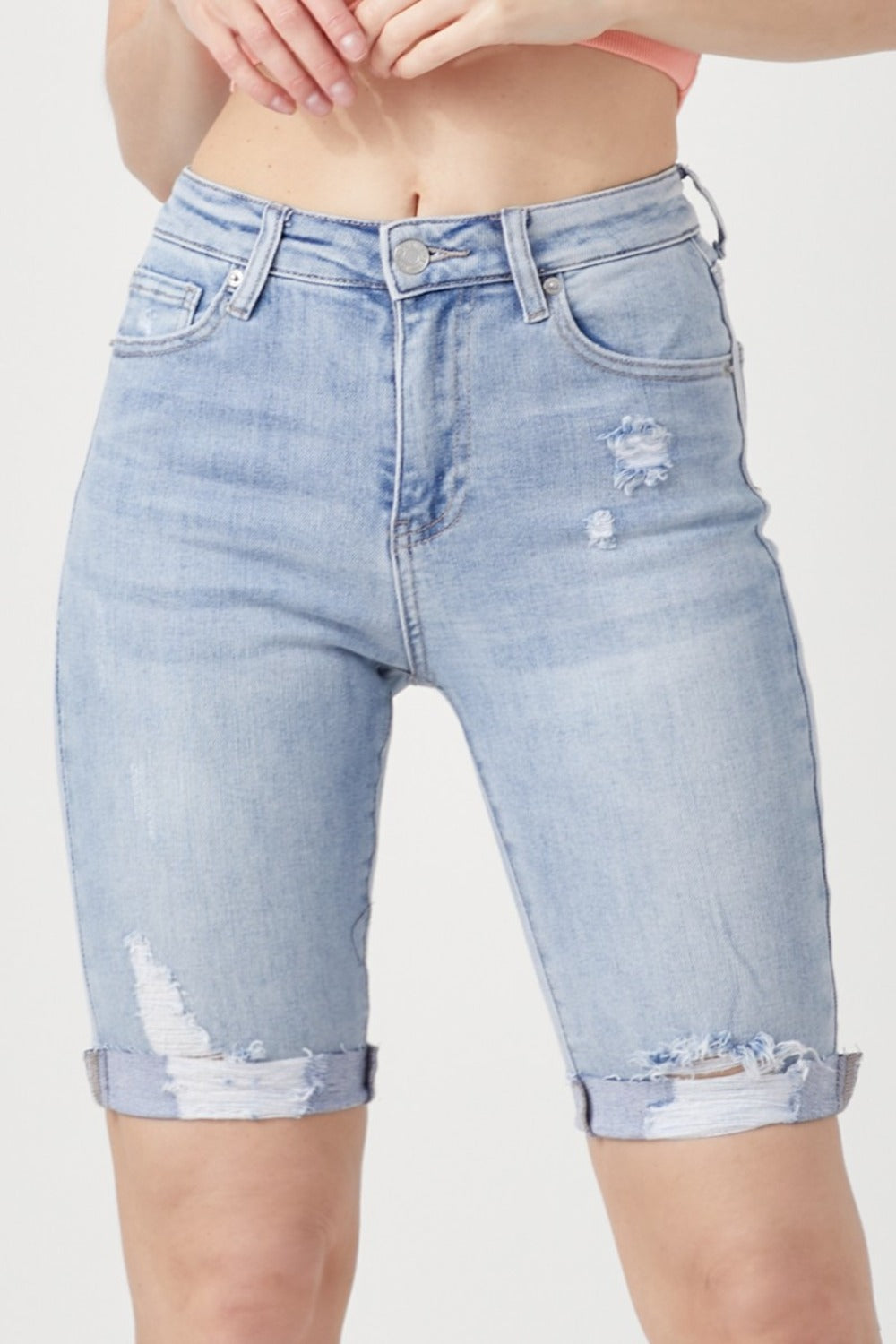 RISEN High Rise Distressed Denim Bermuda Shorts - Jsopretty.com