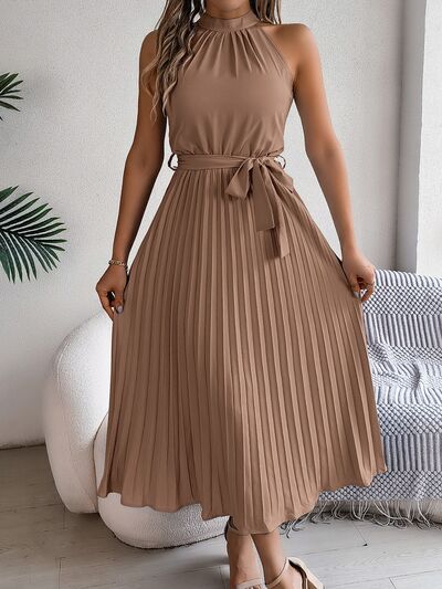 Grecian Neck Tie Waist Pleated Dress - Jsopretty.com