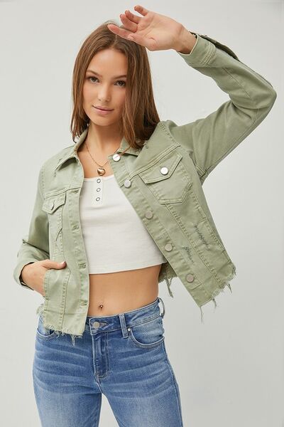 RISEN Full Size Raw Hem Button Up Cropped Denim Jacket Plus Size - Jsopretty.com