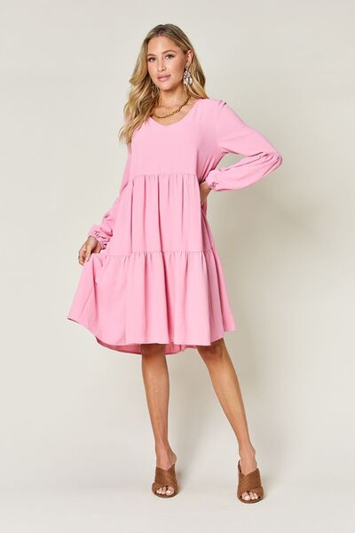 Double Take Full Size V-Neck Balloon Sleeve Tiered Dress with Pockets - Jsopretty.com