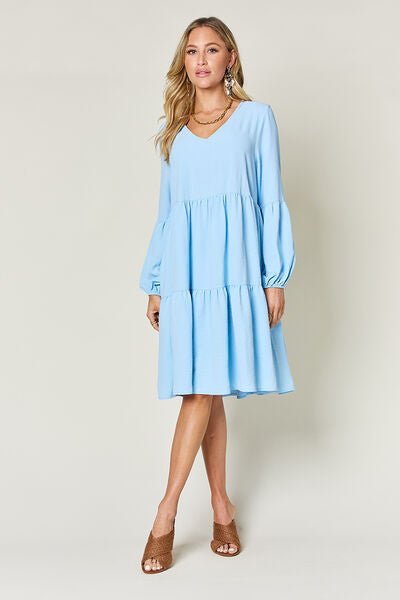 Double Take Full Size V-Neck Balloon Sleeve Tiered Dress with Pockets - Jsopretty.com