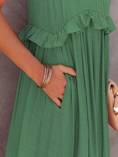 Ruffled Sleeveless Tiered Maxi Dress with Pockets - Jsopretty.com