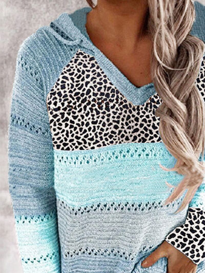 Full Size Openwork Leopard Drawstring Hooded Sweater - Jsopretty.com