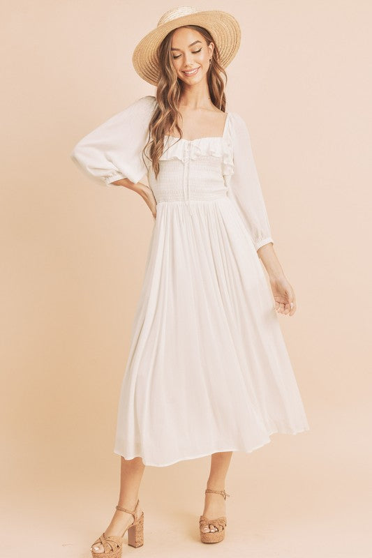 Aemi + Co Ruffled Smocked Square Neck Balloon Sleeve Dress - Jsopretty.com