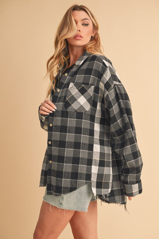 Aemi + Co Frayed Hem Plaid Button Up Flannel Shirt - Jsopretty.com