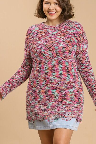 Umgee Full Size Distressed Hem Multicolored Round Neck Knit Tunic Dress Plus Size - Jsopretty.com