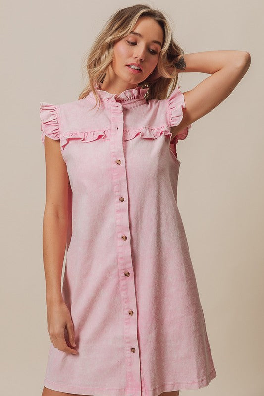 BiBi Washed Button Down Ruffled Cap Sleeve Denim Dress - Jsopretty.com