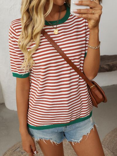 Mandy Striped Round Neck Half Sleeve Knit Top - Jsopretty.com