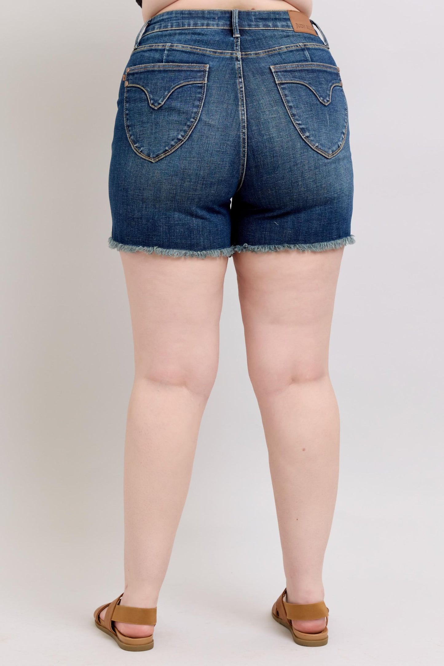 Judy Blue Tummy Control Fray Hem & Shield Back Pockets Denim Shorts - Jsopretty.com