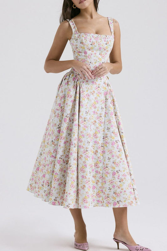 Floral Square Neck Wide Strap Midi Dress - Jsopretty.com