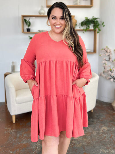 Double Take Full Size V-Neck Balloon Sleeve Tiered Dress with Pockets - Jsopretty.com