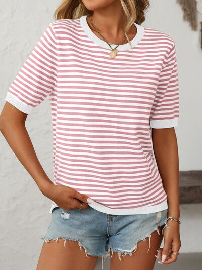 Mandy Striped Round Neck Half Sleeve Knit Top - Jsopretty.com