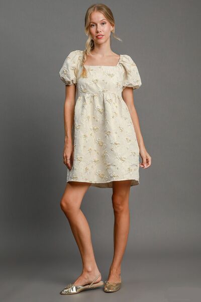 Umgee Heart Jacquard Square Neck Puff Sleeve Mini Dress - Jsopretty.com