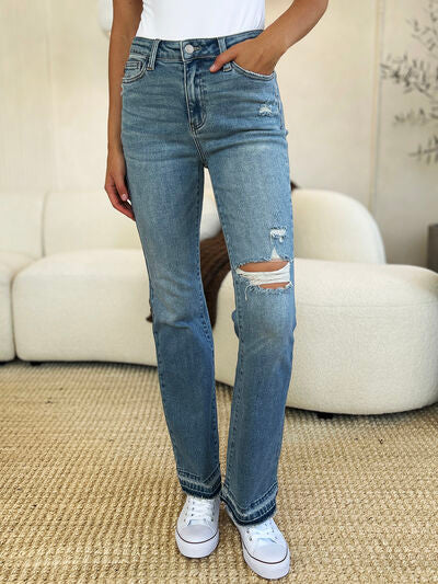 Judy Blue Full Size Mid Rise Destroyed Hem Distressed Jeans - Jsopretty.com