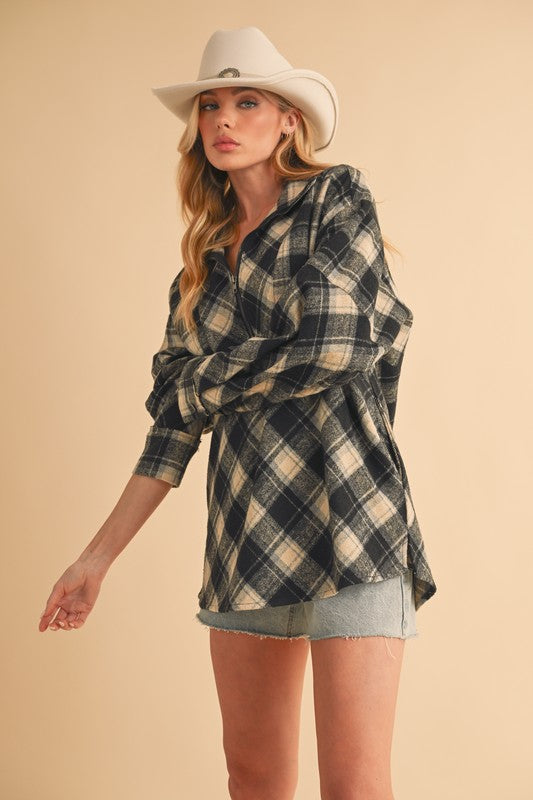 Aemi + Co Slit Plaid Half Zip Drop Shoulder Top - Jsopretty.com