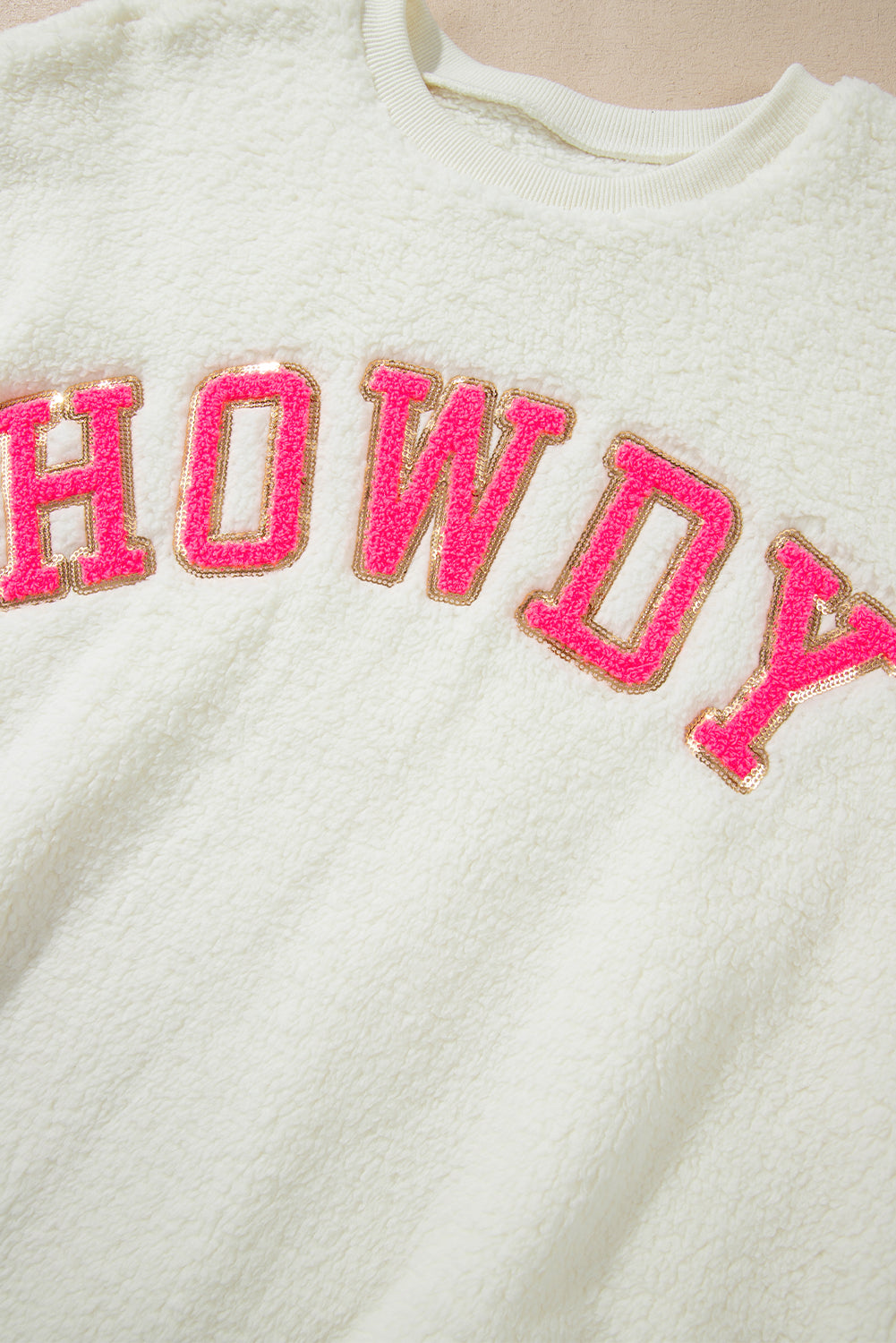 HOWDY Patched Round Neck Sherpa Sweatshirt - Jsopretty.com