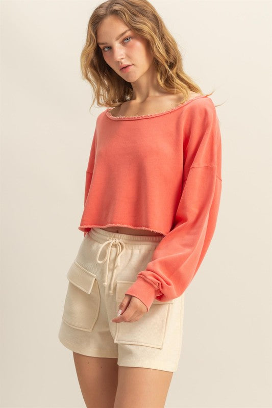 HYFVE Frayed Detail Boat Neck Long Sleeve Crop Top - Jsopretty.com