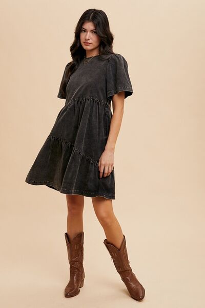 Annie Wear Mineral Washed Round Neck Short Sleeve Denim Dress - Jsopretty.com